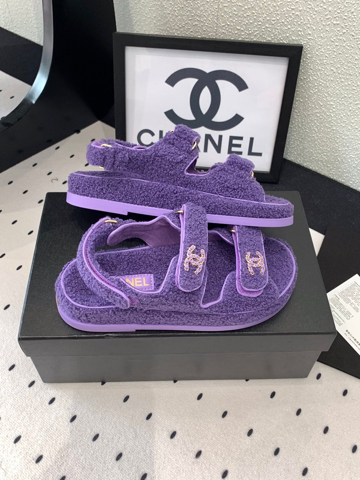 CHANEL DAD SANDAL PLUM PURPLE LAMB FUR