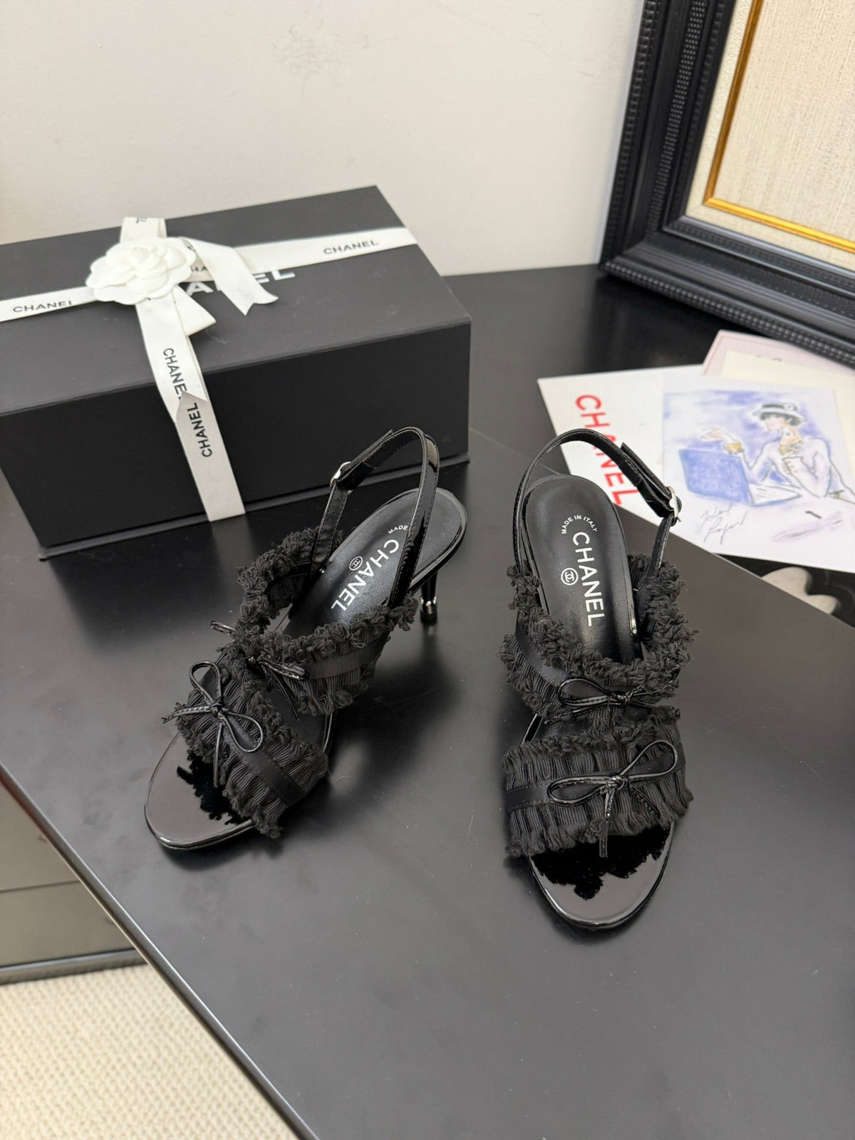 CHANEL BLACK GROSGRAIN CANVAS BOW SLINGBACK SANDALS
